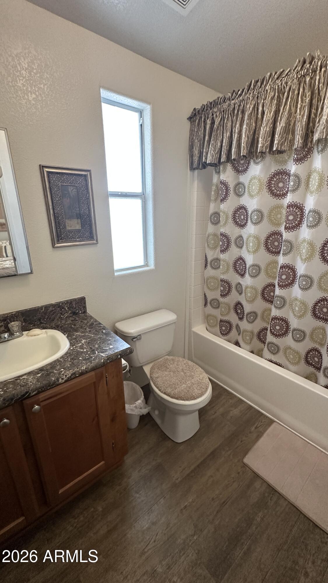 834 South Meridian Road, Unit 174 Apache Junction, AZ 85120 - Photo 50 of 56 a spacious bathroom with a granite countertop sink and a toilet