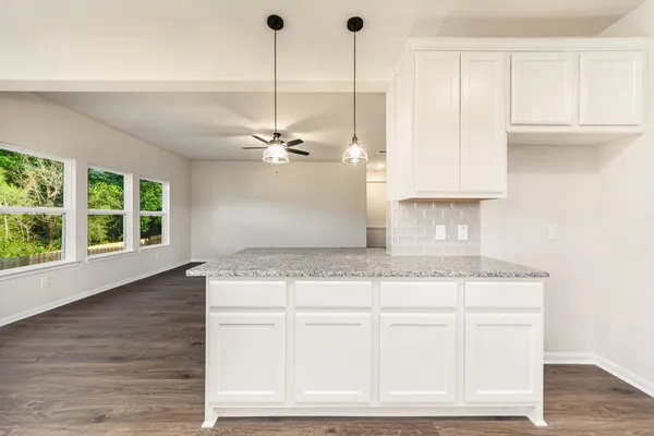 a kitchen with appliances cabinets and a wooden floor