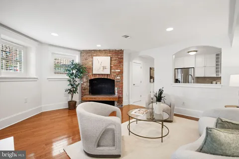 a living room with furniture potted plant and a fireplace