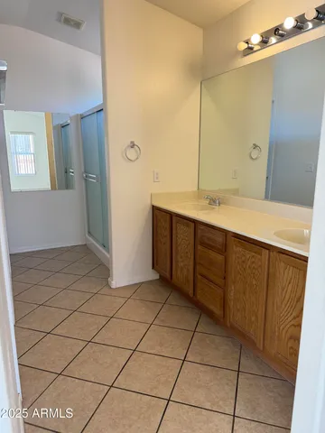 a bathroom with a sink a mirror and a shower