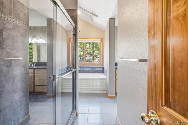 a bathroom with a shower and a sink