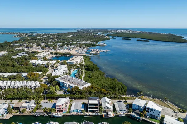 an aerial view of a city with lots of residential buildings and ocean view in back