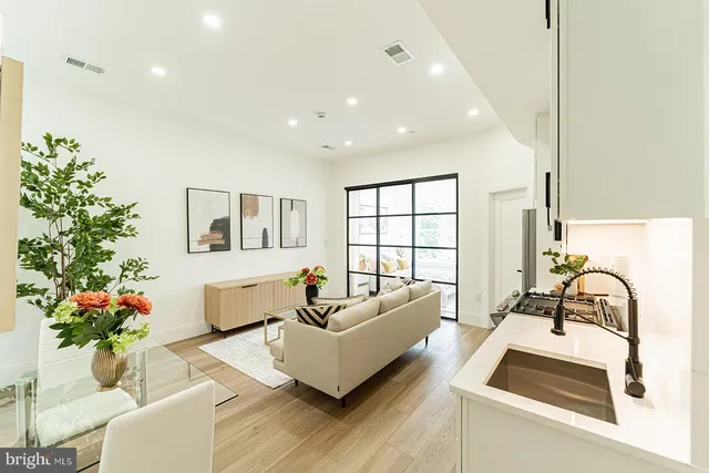 a living room with furniture potted plant and a window