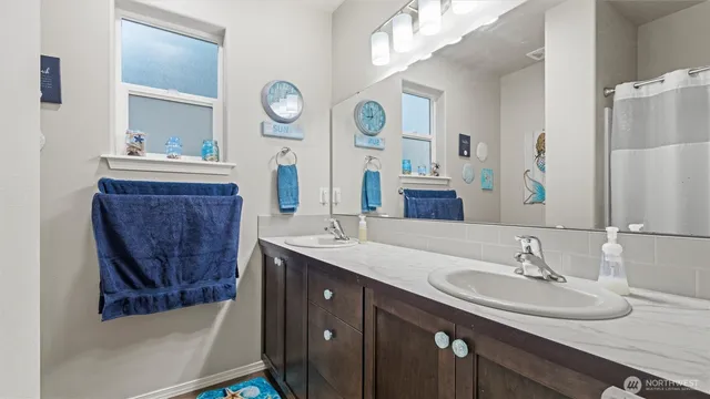 a bathroom with a sink double vanity and a tub