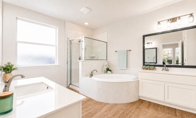 1928 Lakeside Ranch Road Georgetown, TX 78633 - Photo 17 of 37 A well-appointed bathroom features a spacious soaking tub, a sleek glass-enclosed shower, and ample vanity space.