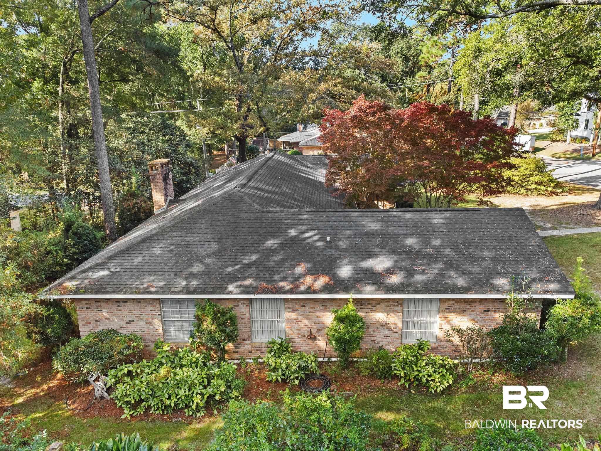 752 Evergreen Street Fairhope, AL 36532 - Photo 94 of 100 View of property exterior featuring a shingled roof, a chimney, brick siding, and view of wooded area