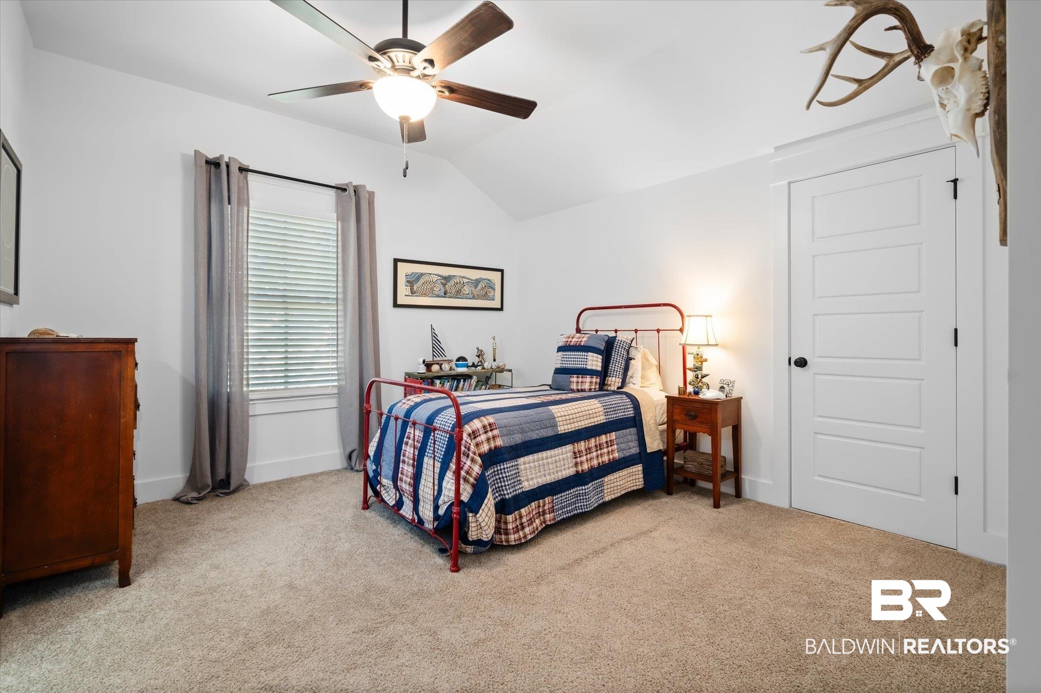 15 Semmes Avenue Mobile, AL 36604 - Photo 22 of 43 Bedroom with ceiling fan, light carpet, and lofted ceiling