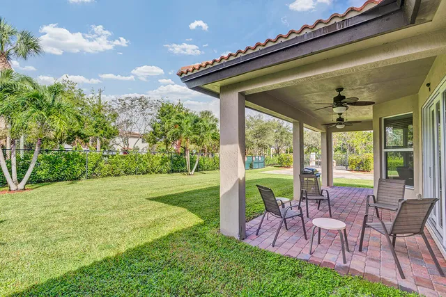 a view of backyard with swimming pool and green space