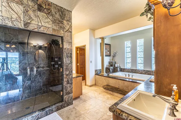 a lobby with a mirror and a shower