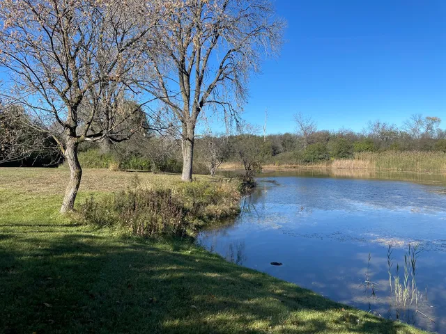 a view of a lake with houses in the background