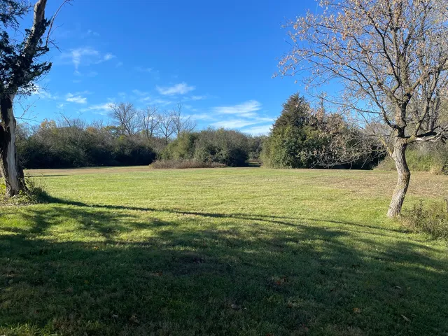 a view of a field with an trees in the background