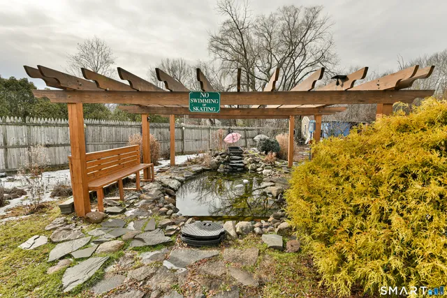 a view of a garden with a fountain