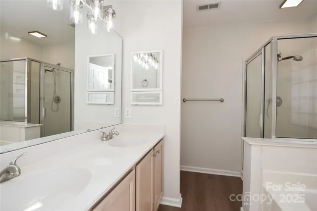 a bathroom with a double vanity sink a shower and a mirror