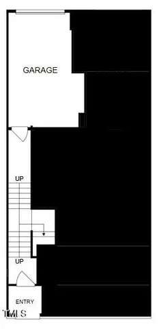 a upper view of whole floor with a black and white kitchen