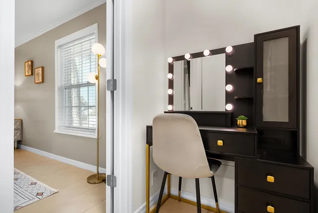 a workspace room with windows