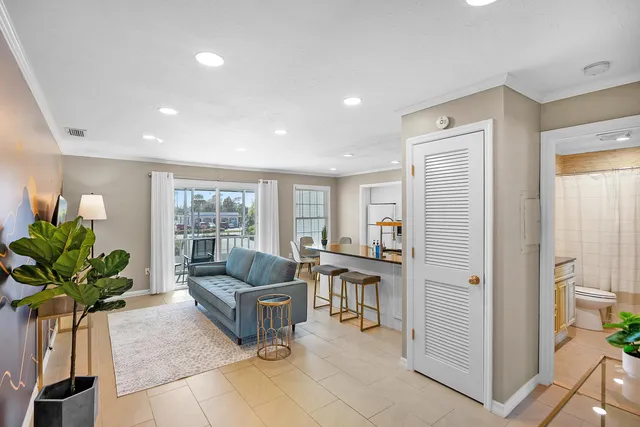 a living room with furniture potted plant and a window