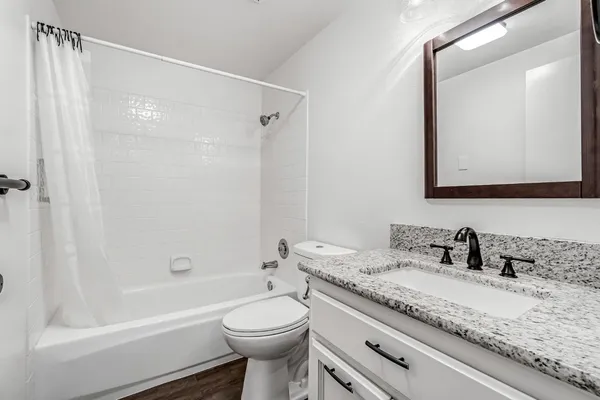 a bathroom with a granite countertop sink a mirror a toilet and a bathtub