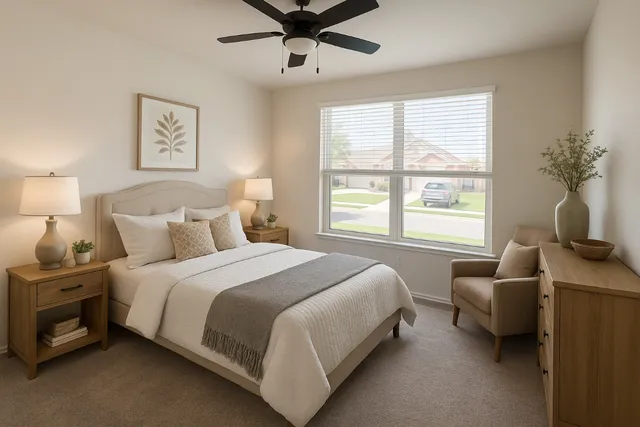 a bedroom with a bed couch and window