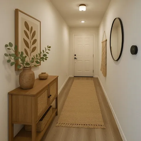a hallway with painting on the wall and a mirror