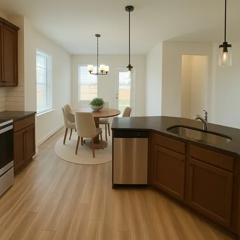 a living room with granite countertop furniture a sink a flat screen tv and kitchen view