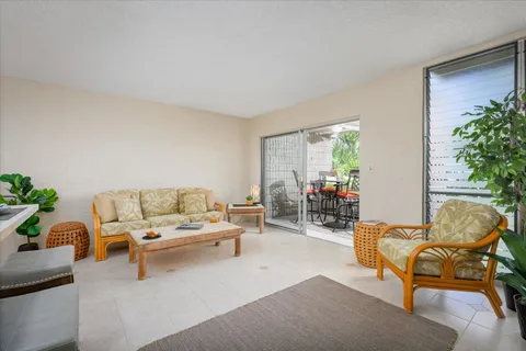 a living room with furniture and a potted plant