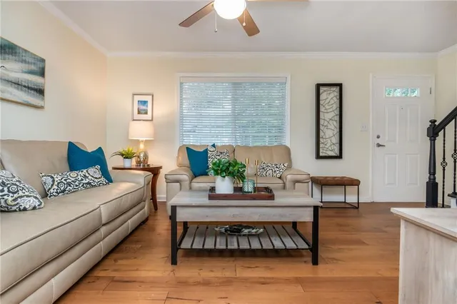a living room with furniture and a potted plant