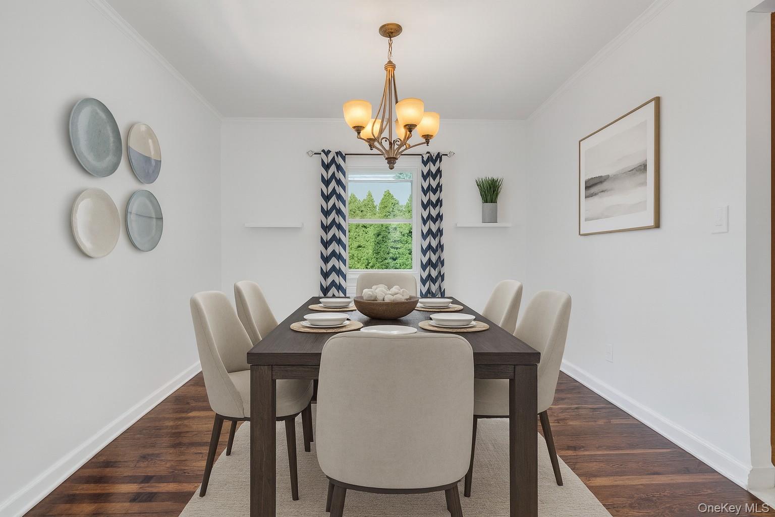 79-31 211th Street Queens, NY 11364 - Photo 7 of 28 Dining area featuring dark wood-style flooring, a chandelier, and ornamental molding