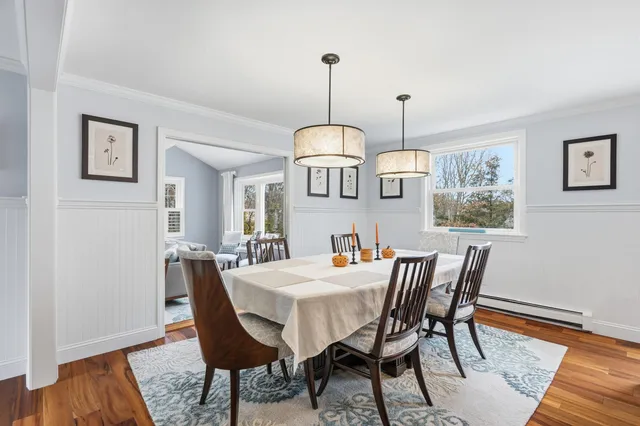 a view of a dining room with furniture window and wooden floor