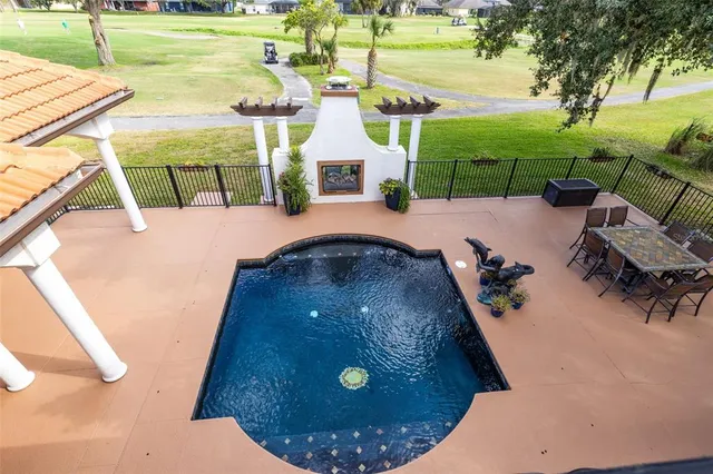 a view of swimming pool with a patio and garden