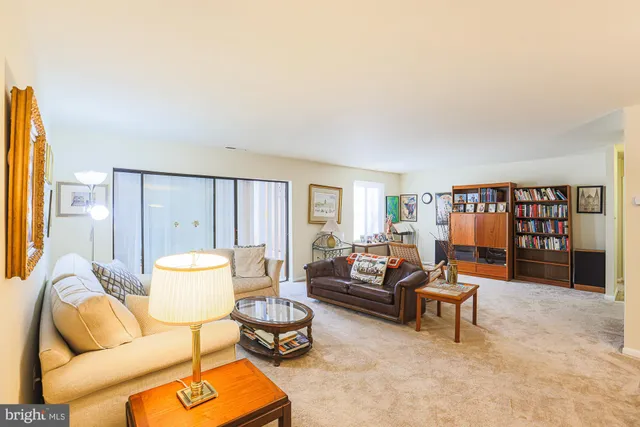 a living room with furniture a rug and a large window