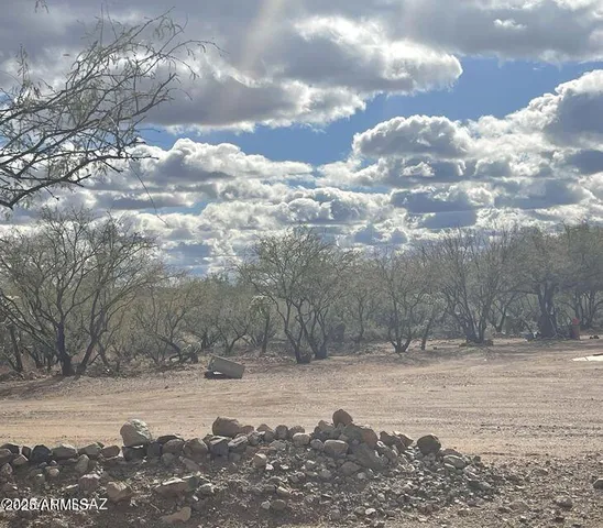 a view of a yard with snow on the road