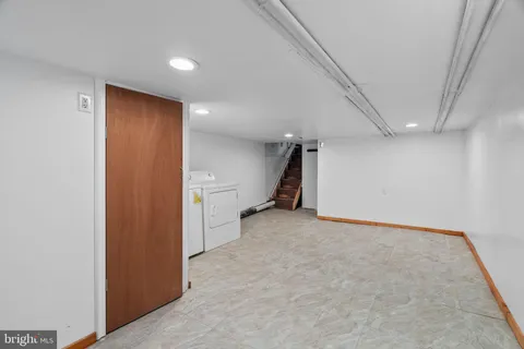 an empty room with a projector and closet