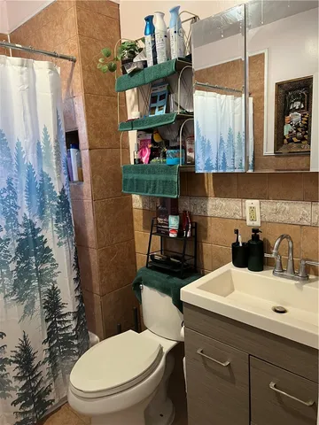 a bathroom with a sink a toilet and shower curtain