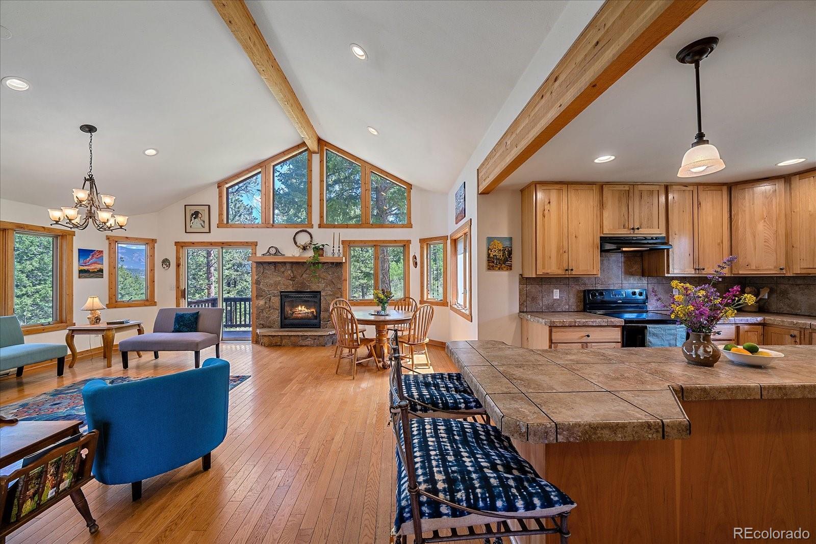 14482 Jubilee Trail Pine, CO 80470 - Photo 13 of 40 a living room with furniture a fireplace and a chandelier