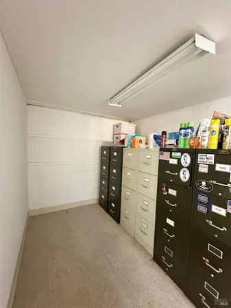 a view of a garage with storage