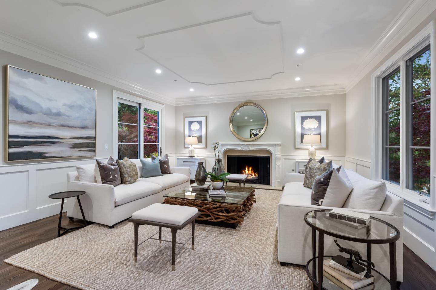138 Stonepine Road Hillsborough, CA 94010 - Photo 101 of 119 a living room with furniture a fireplace and a large window