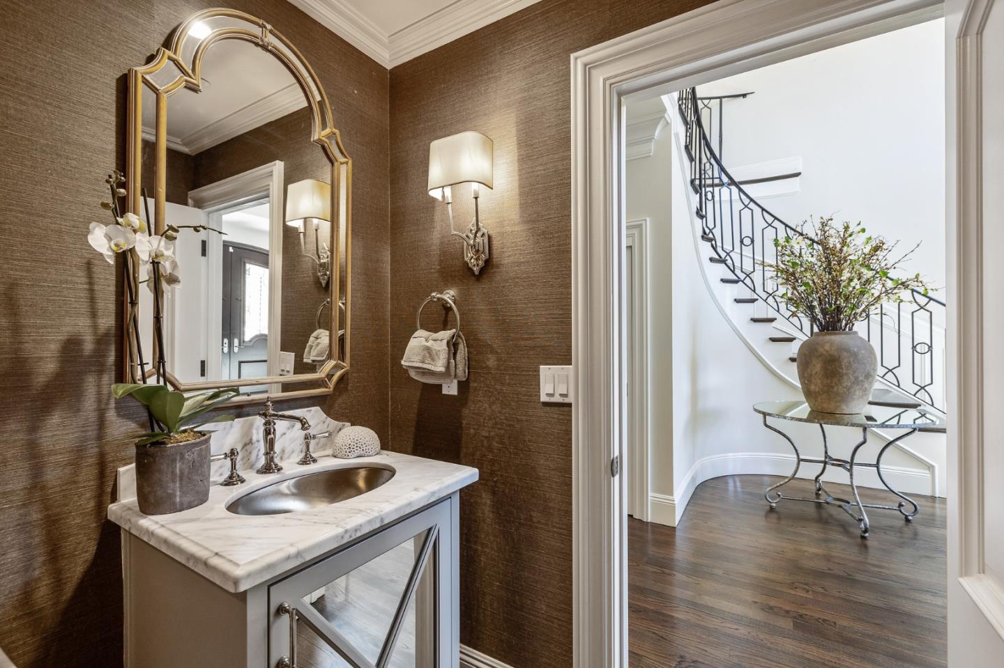 138 Stonepine Road Hillsborough, CA 94010 - Photo 30 of 119 a bathroom with a granite countertop sink a mirror and a shower