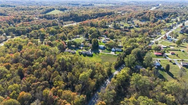 an aerial view of residential houses with city and green space