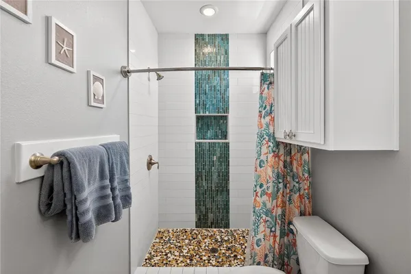 a bathroom with a shower and a toilet