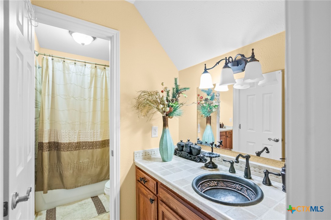 130 Post Oak Circle Inez, TX 77968 - Photo 30 of 48 a bathroom with a granite countertop sink a mirror and a shower
