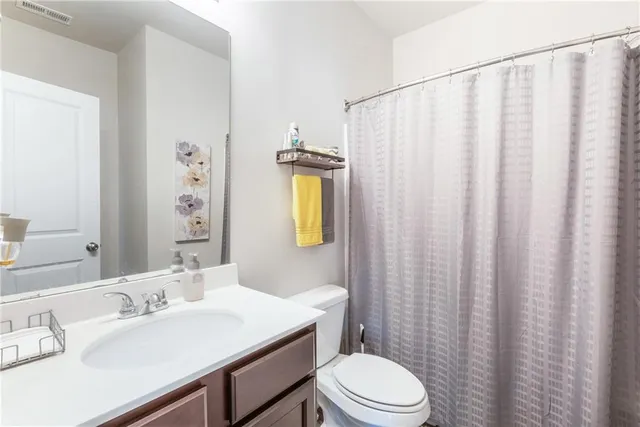 a bathroom with a sink a toilet and shower curtain