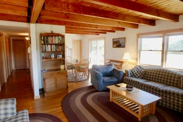 a living room with furniture a rug and a window