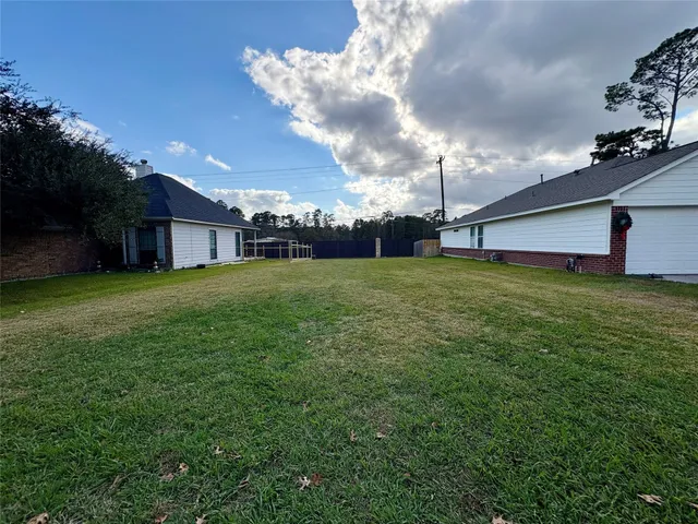 a view of a big yard with palm trees and a plants