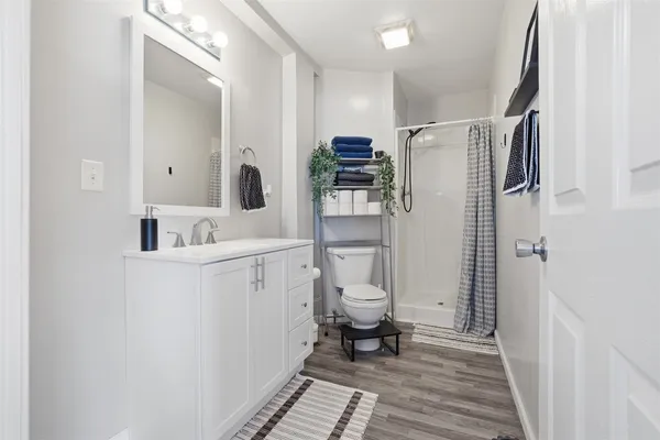 a bathroom with a sink toilet a mirror and shower