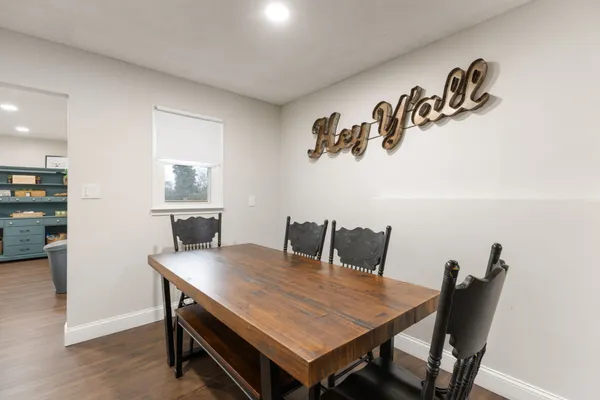 a view of a dining room with furniture