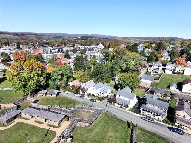 an aerial view of a houses with a swimming pool