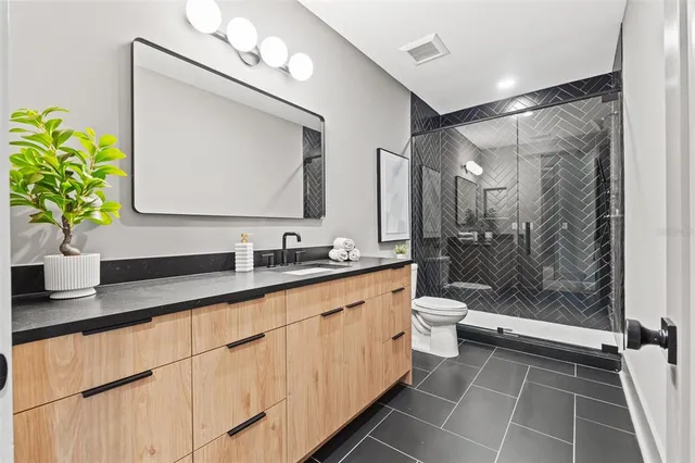 an aerial view of a house with garden space and street view