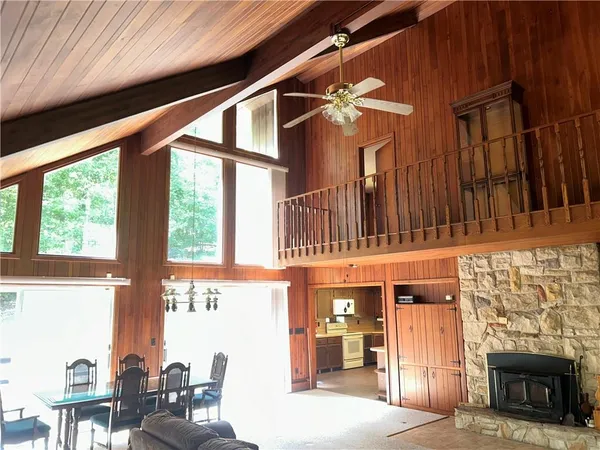 a view of a porch with a fireplace