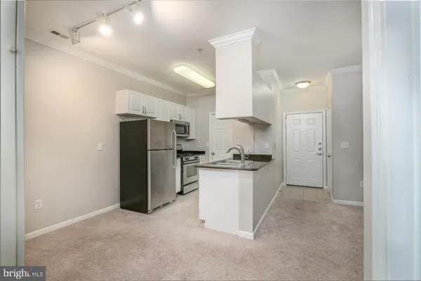 a kitchen with a refrigerator and a sink