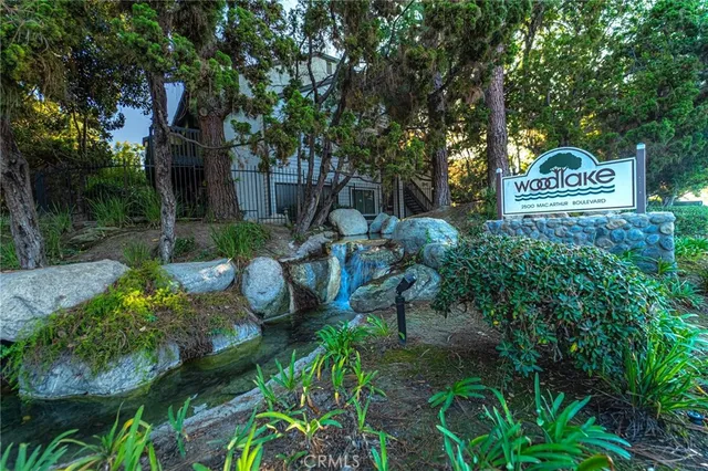 a view of a park with large trees